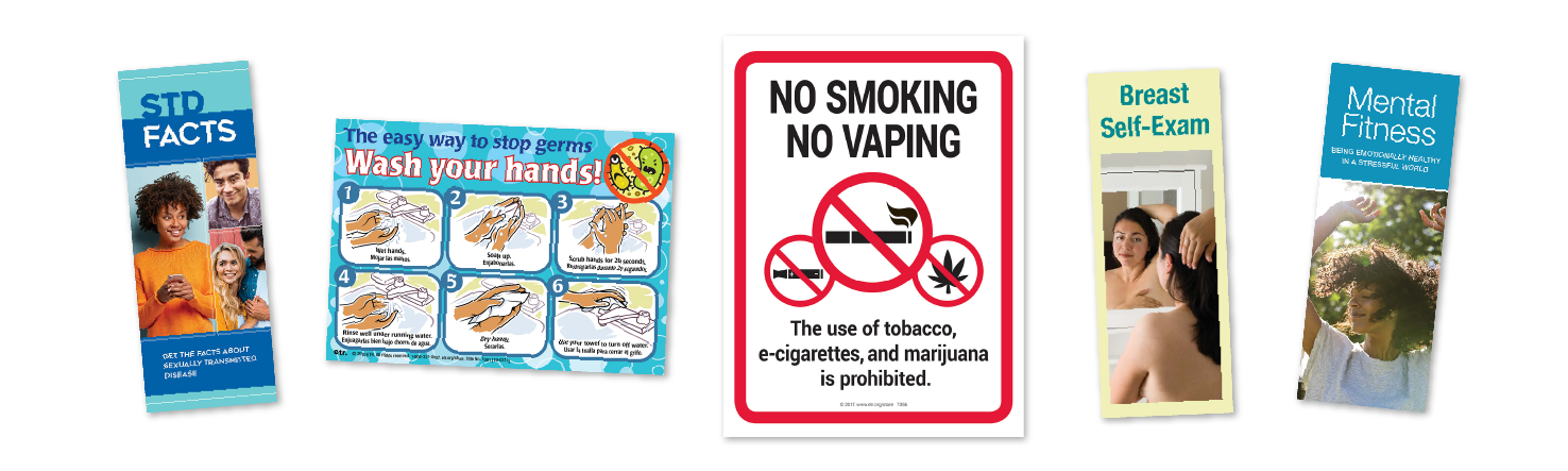 Front covers of five different ETR Store products: the "STD Facts" brochure, the "Wash Your Hands" poster, the "No Smoking, No Vaping" sign, the "Breast Self-Exam" brochure, and the "Mental Fitness" brochure.